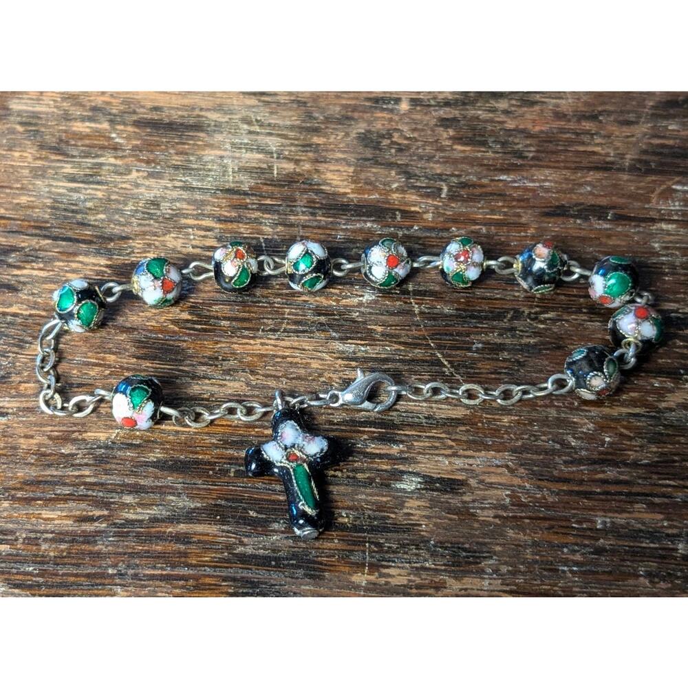 Blue Cloisonné Glass Bead 8" Ladies Bracelet Lobster Claw Clasp Cross Charm